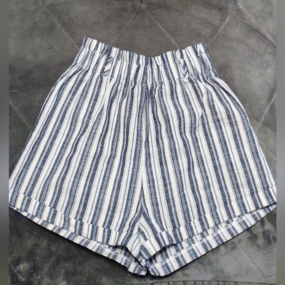 100% Cotton Striped Paper Bag Waist Shorts